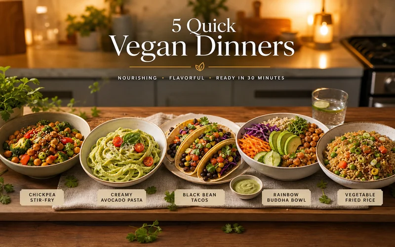 Five quick vegan dinner recipes including stir-fry, pasta, tacos, and buddha bowl on a kitchen table