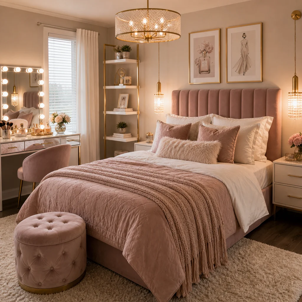 modern glam teen girls bedroom with velvet headboard and vanity mirror