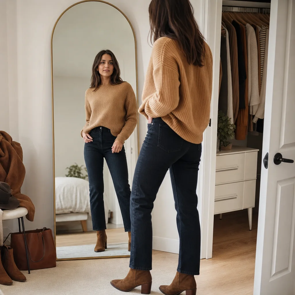 Fall fashion outfit planning with camel sweater dark jeans and autumn layers in a bright bedroom