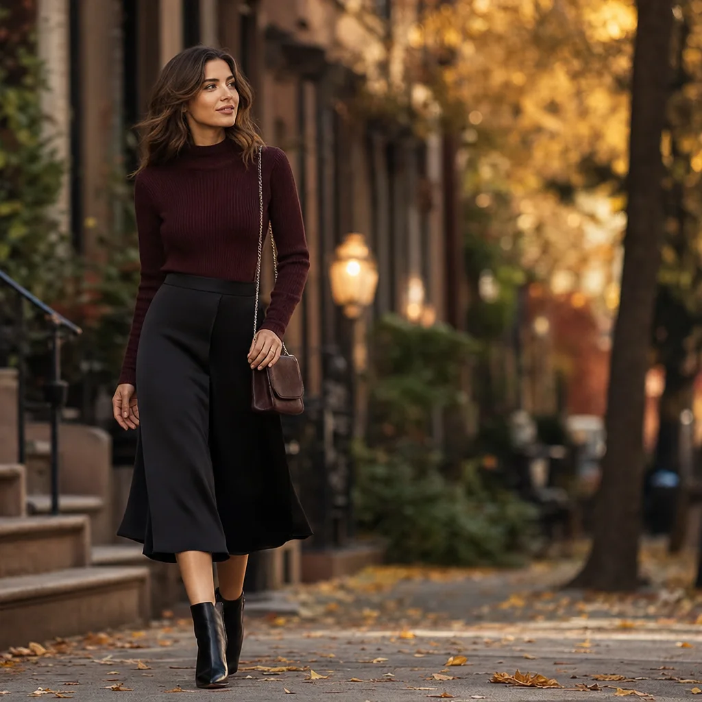 Fall date night outfit with burgundy knit sweater black midi skirt and heeled ankle boots