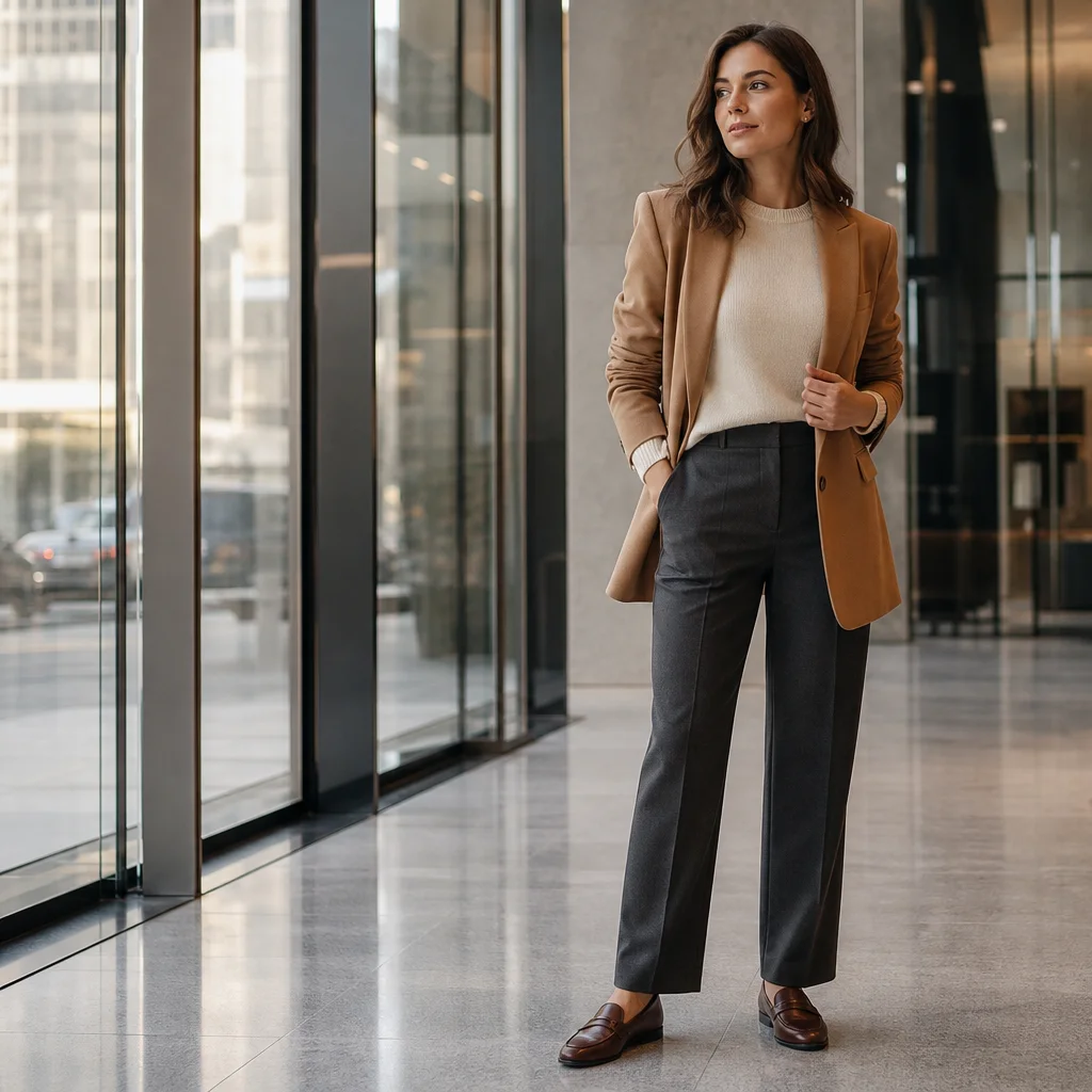 Business casual fall outfit with camel blazer cream sweater and charcoal trousers