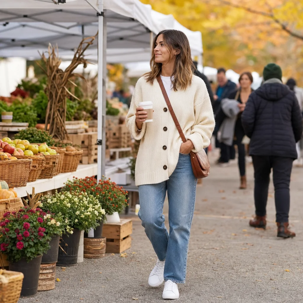 Casual weekend fall outfit with cream cardigan jeans and sneakers at farmers market