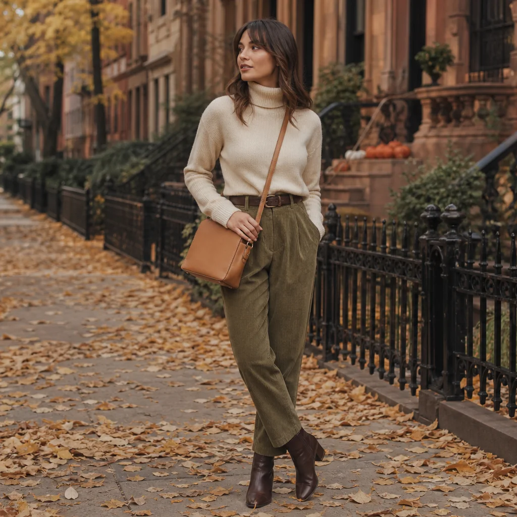 Fall outfit featuring chocolate brown ankle boots with olive corduroy pants and cream turtleneck