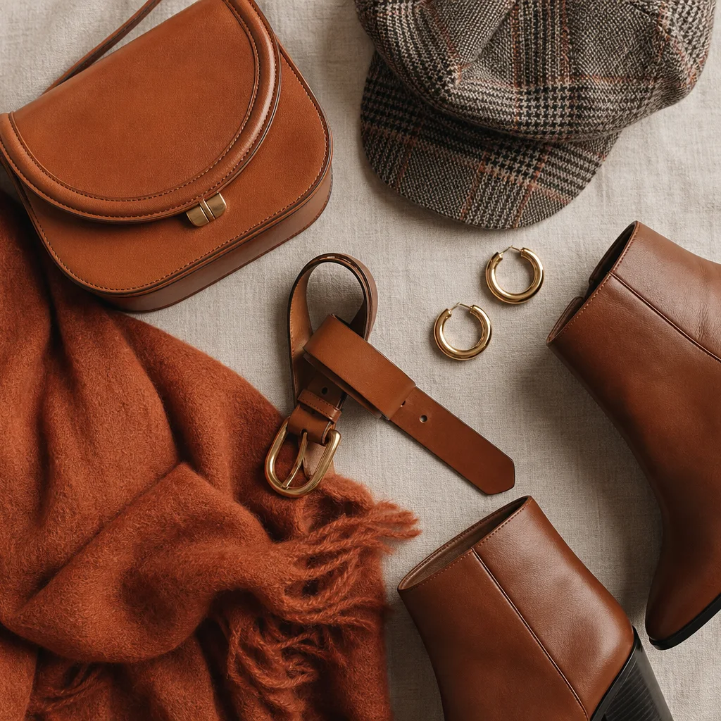 Fall fashion accessories flat lay with rust scarf cognac belt handbag and brown boots