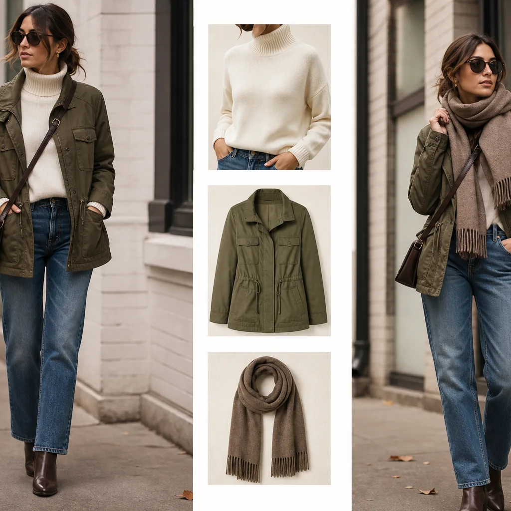 Fall layering outfit with cream turtleneck olive jacket straight jeans and crossbody bag