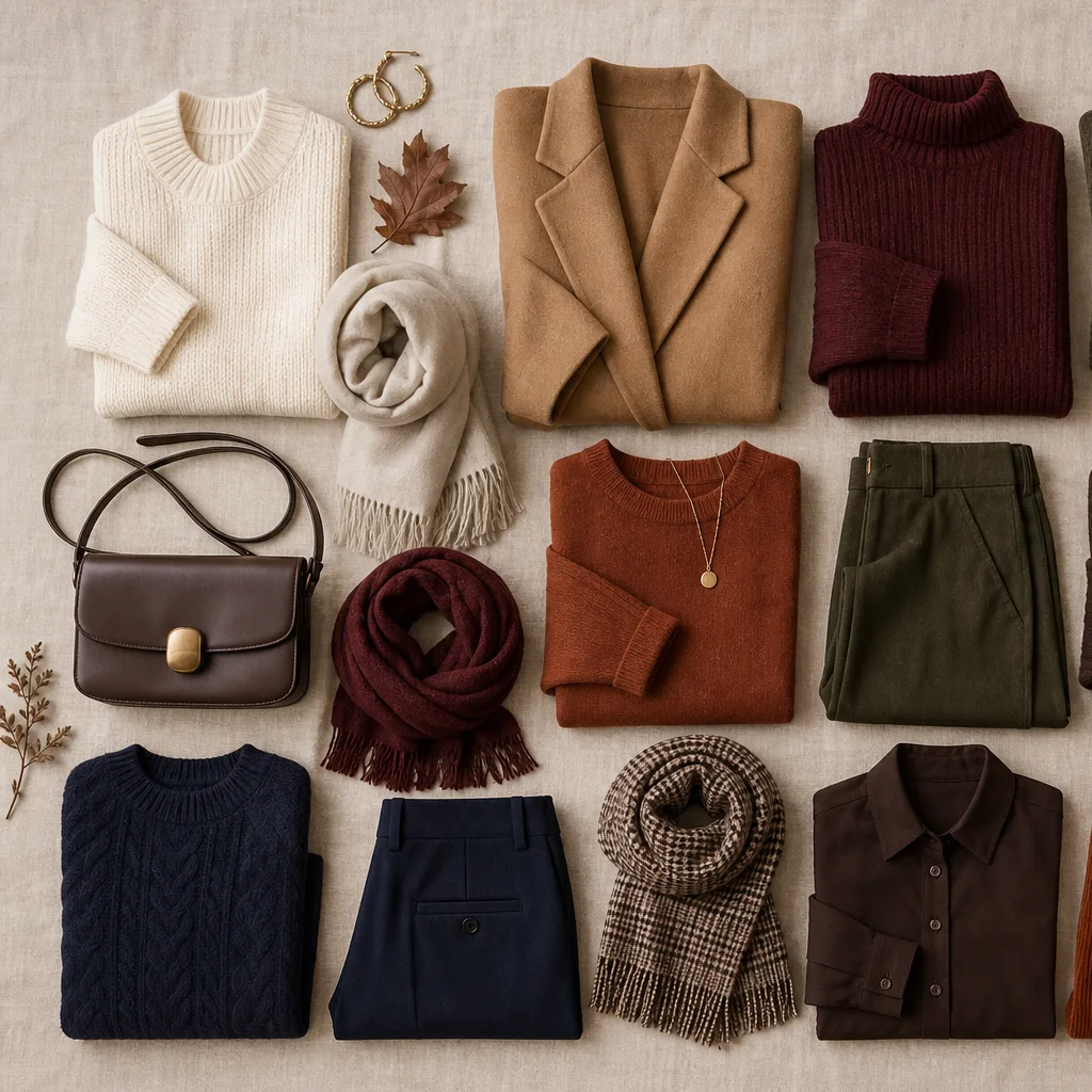 Fall fashion color combinations with cream camel burgundy olive brown and rust outfit accents