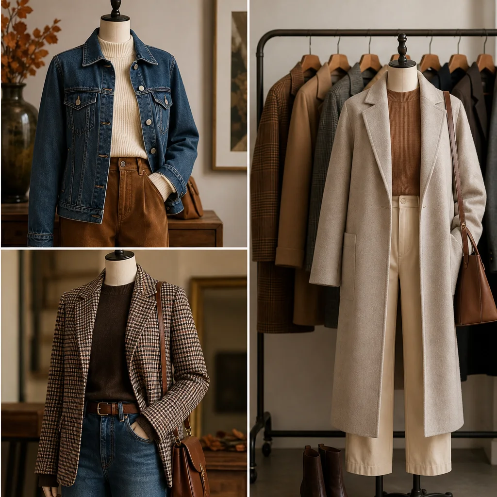 Fall jackets including trench coat denim jacket plaid blazer and wool coat for autumn outfits