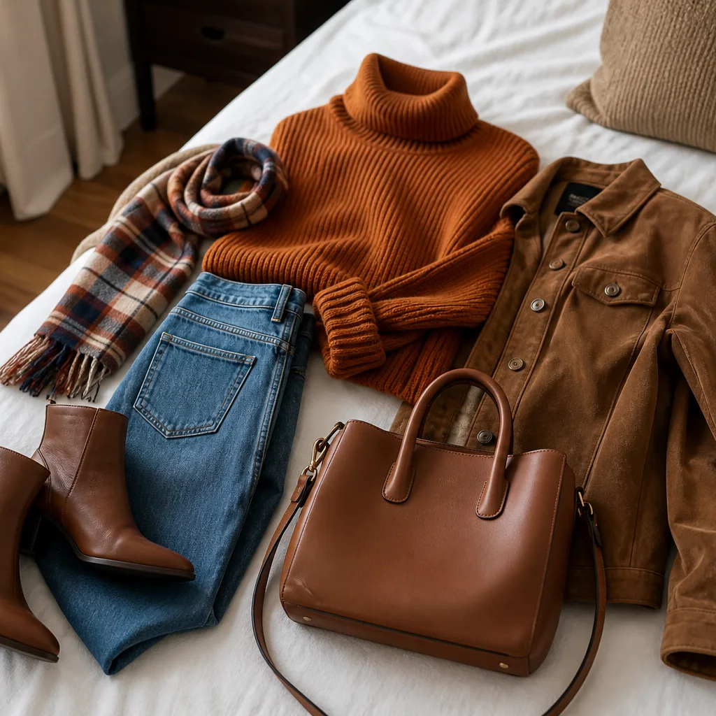 Fall outfit checklist flat lay with sweater jeans boots scarf jacket and handbag ready to wear