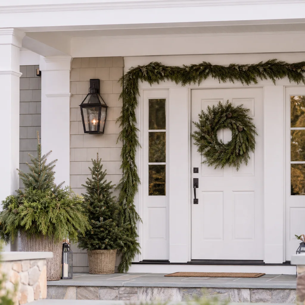 Classic Christmas porch decorating idea with fresh greenery around the front door