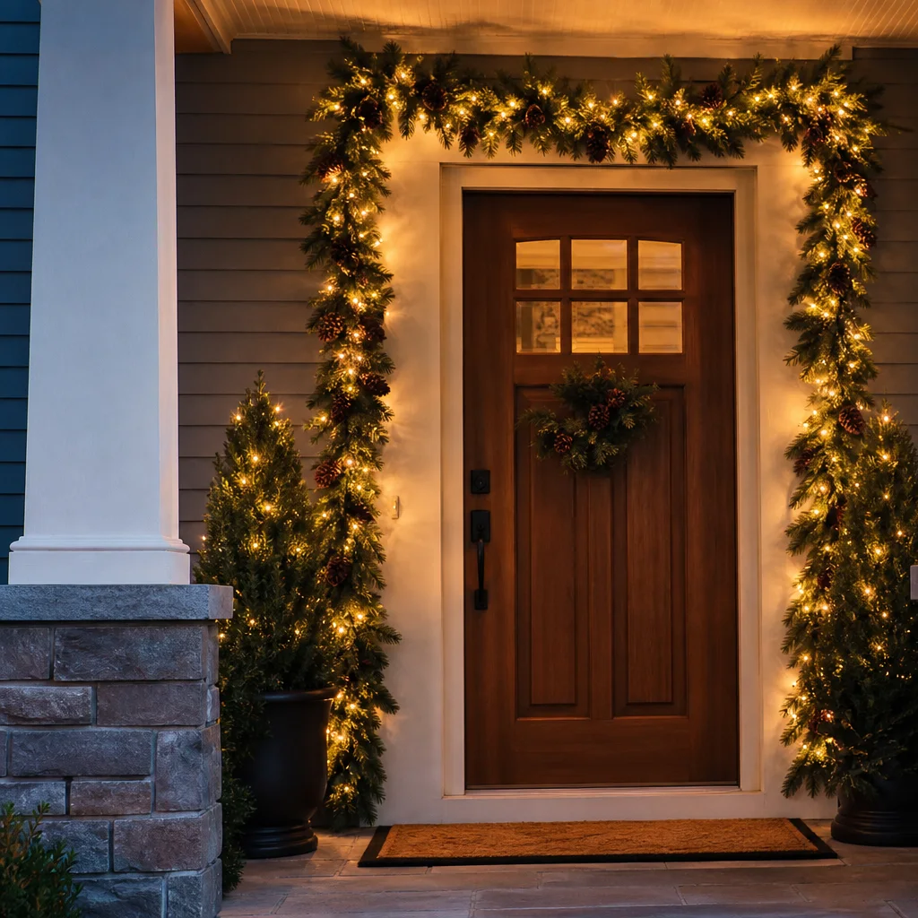 Christmas porch garland with warm outdoor lights for a welcoming entry