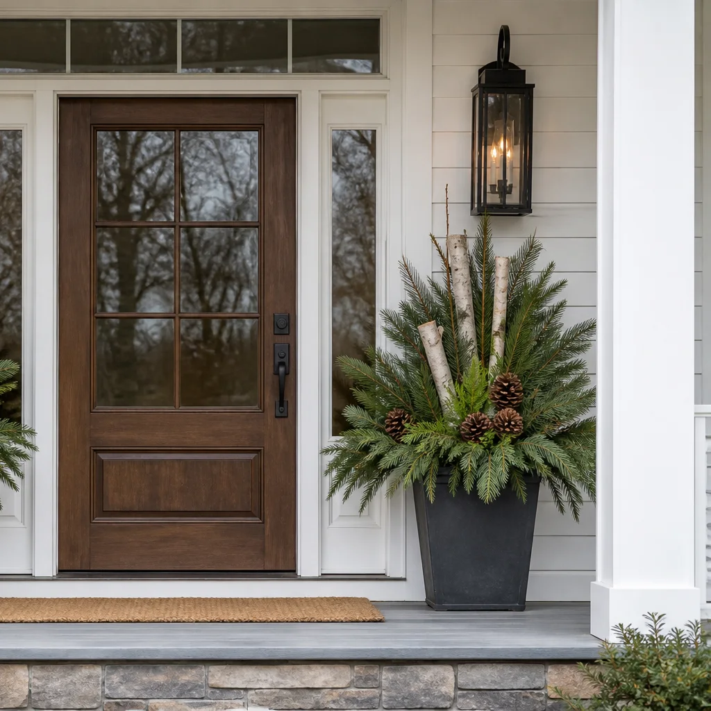 Symmetrical Christmas porch planters with greenery and festive accents