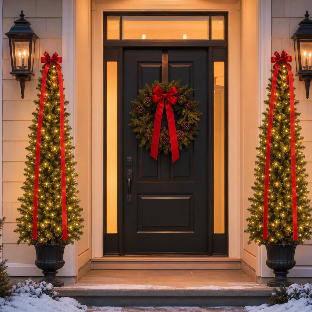 Tall Christmas porch trees placed beside the front door for holiday curb appeal