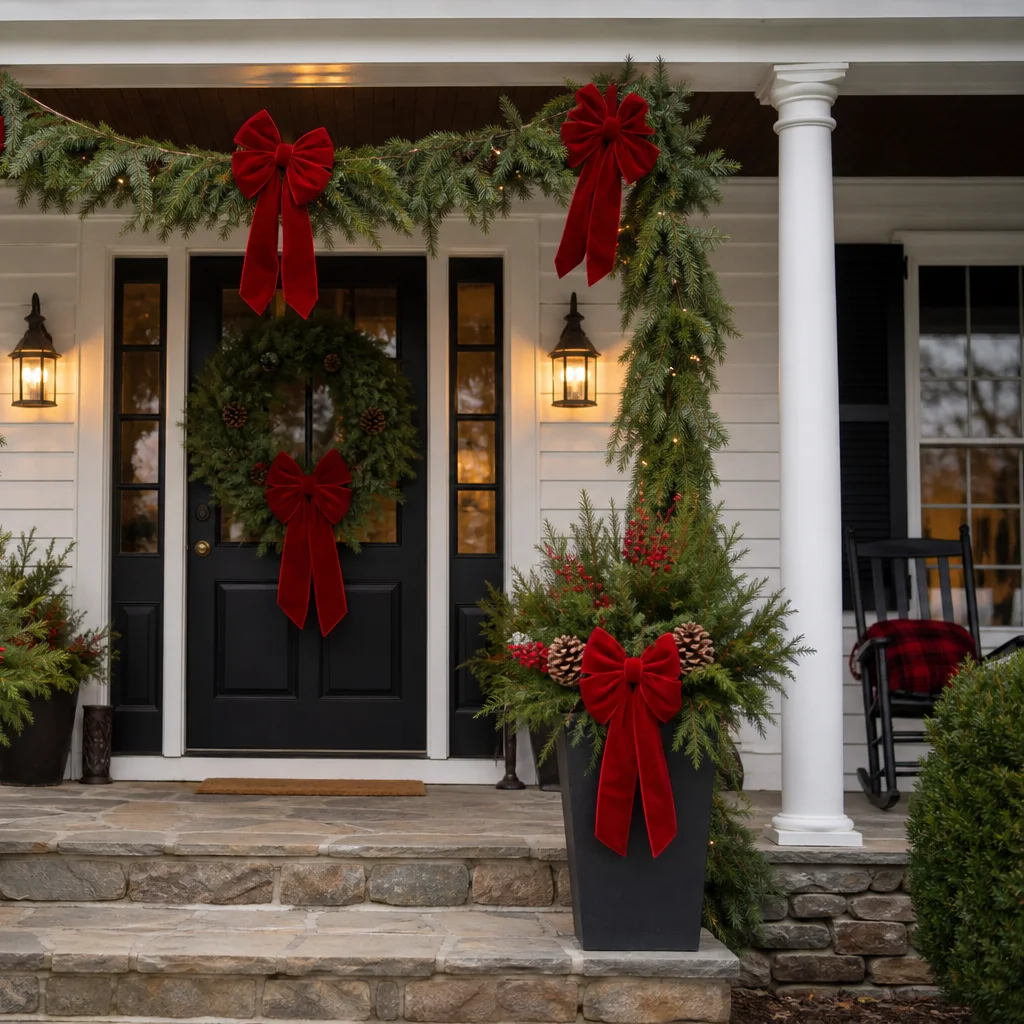 Christmas front porch with red bows for classic holiday color