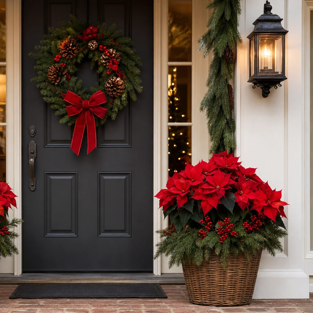 Christmas porch decorating idea with poinsettias near the entry