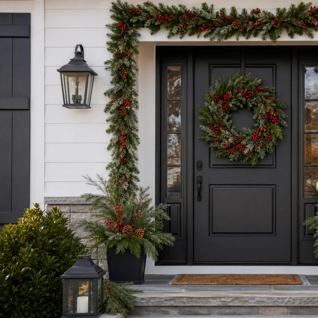 Christmas porch wreath coordinated with garland and outdoor holiday decor