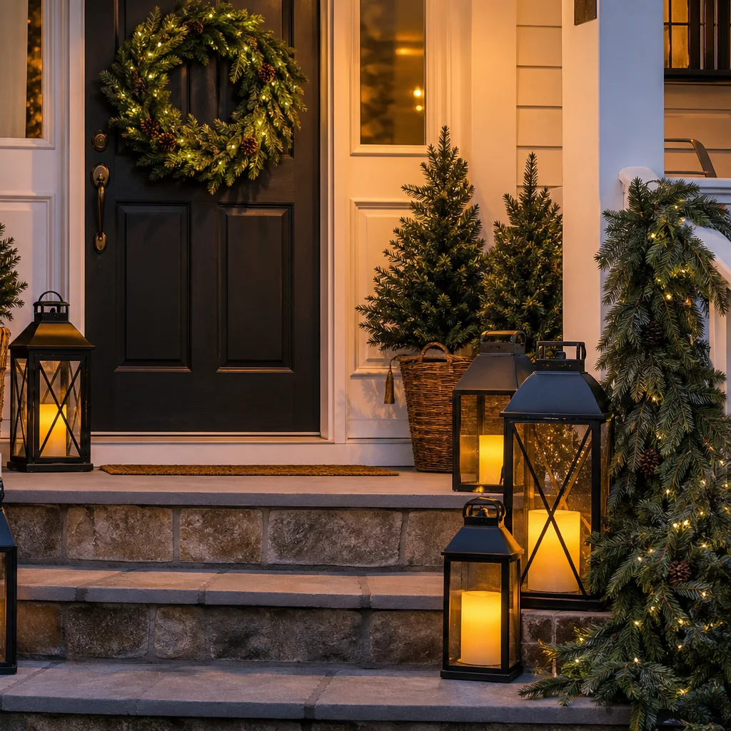 Cozy Christmas porch steps decorated with lanterns and greenery