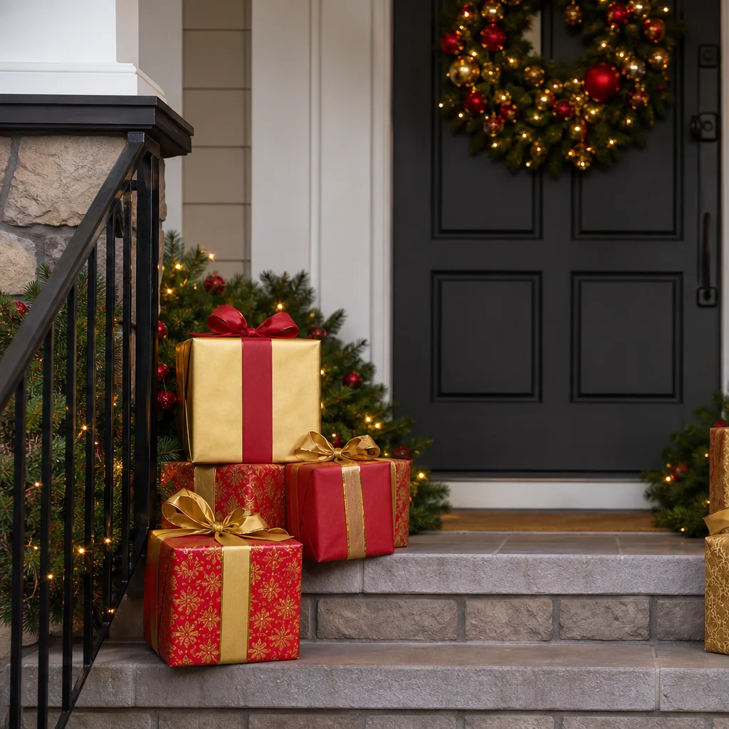Christmas porch decorated with wrapped gift boxes for a festive entry