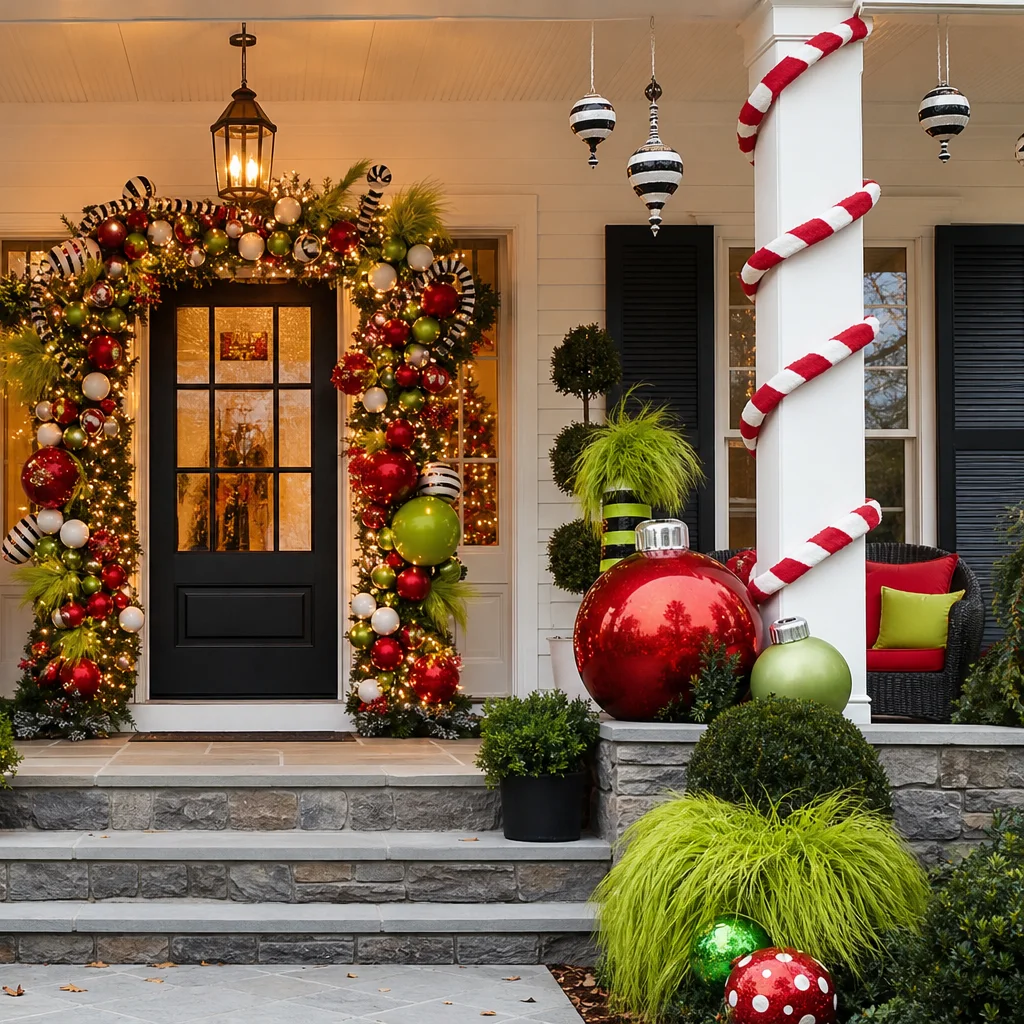 Playful Grinch inspired Christmas porch decorating idea