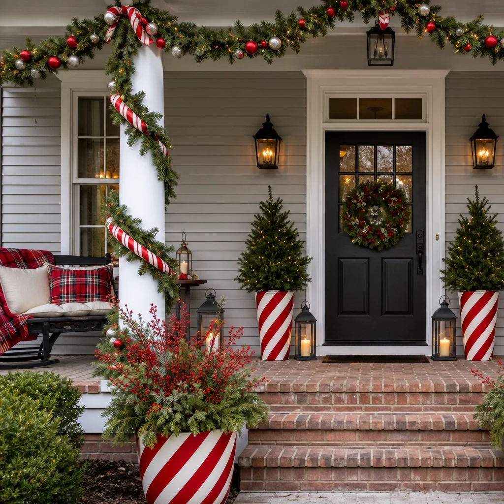 Christmas porch with candy cane accents and festive red and white decorations