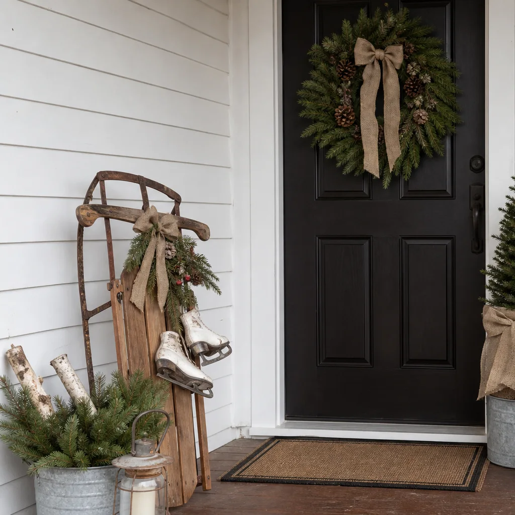 Farmhouse Christmas porch decor with rustic holiday details