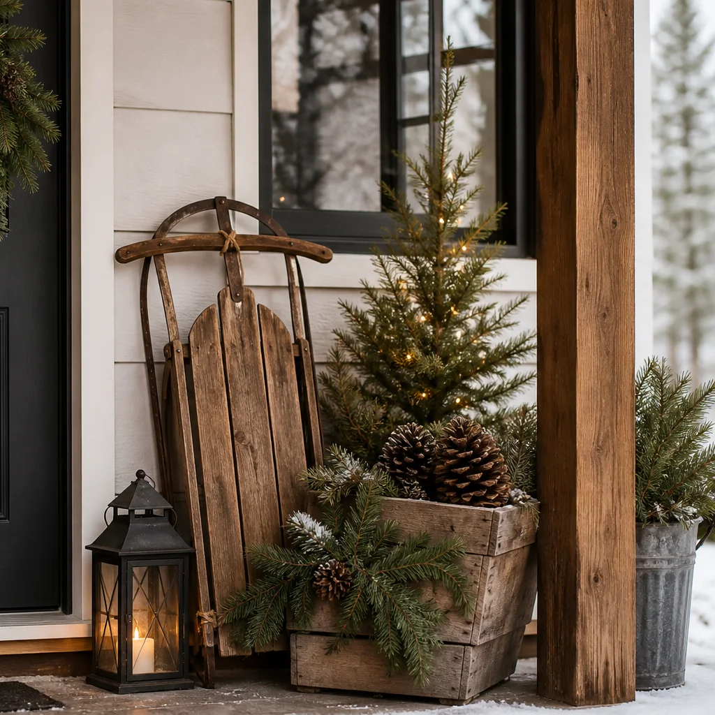 Rustic Christmas porch display with vintage sled style holiday decor