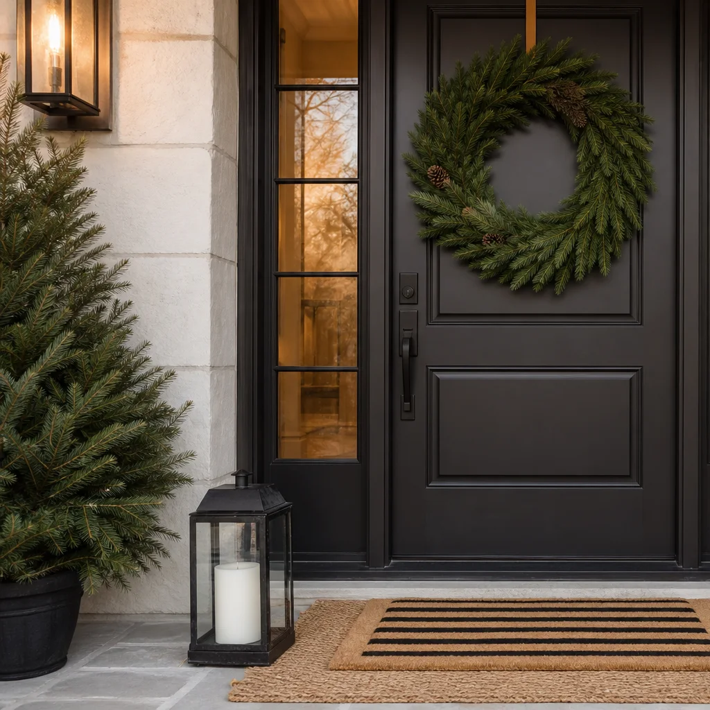 Christmas porch with layered doormat and simple holiday entry styling