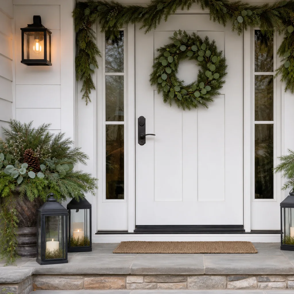 Neutral Christmas porch decor with greenery and understated holiday accents