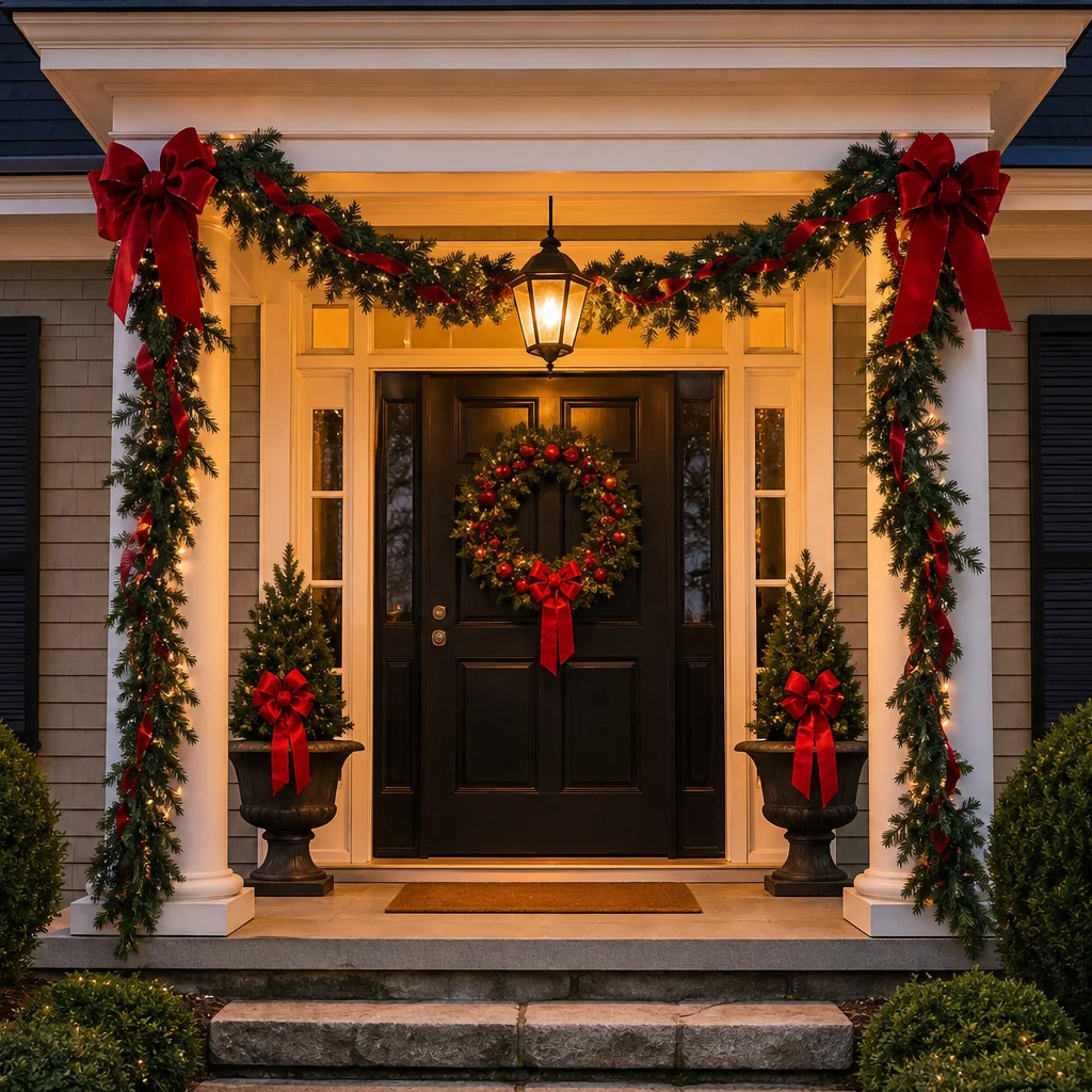 Traditional red and green Christmas porch decorations for a festive entry