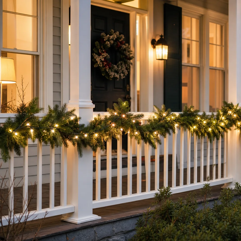 Christmas porch railing decorated with garland and holiday lights