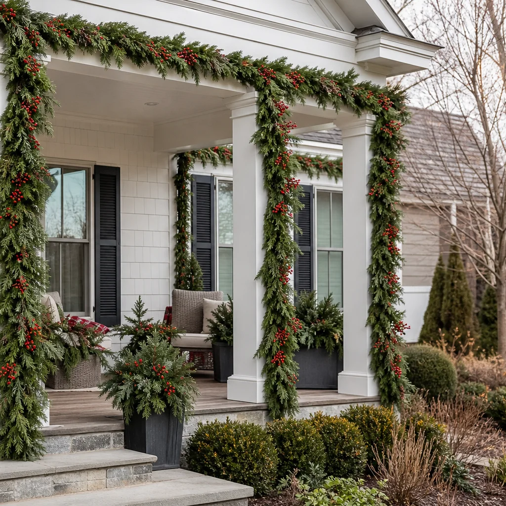 Christmas porch columns wrapped with greenery for outdoor holiday decor