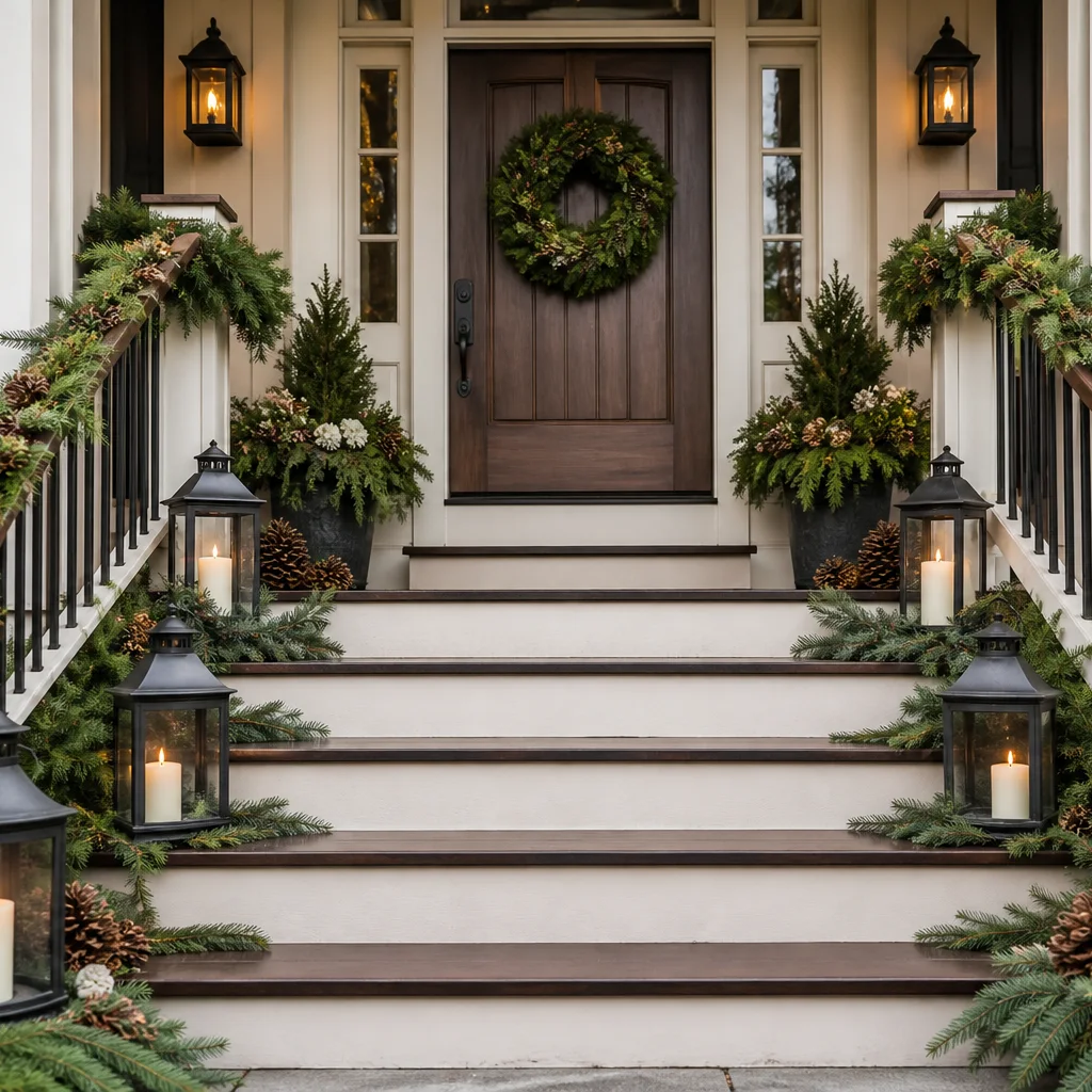 Christmas porch steps styled with greenery lanterns and festive decorations