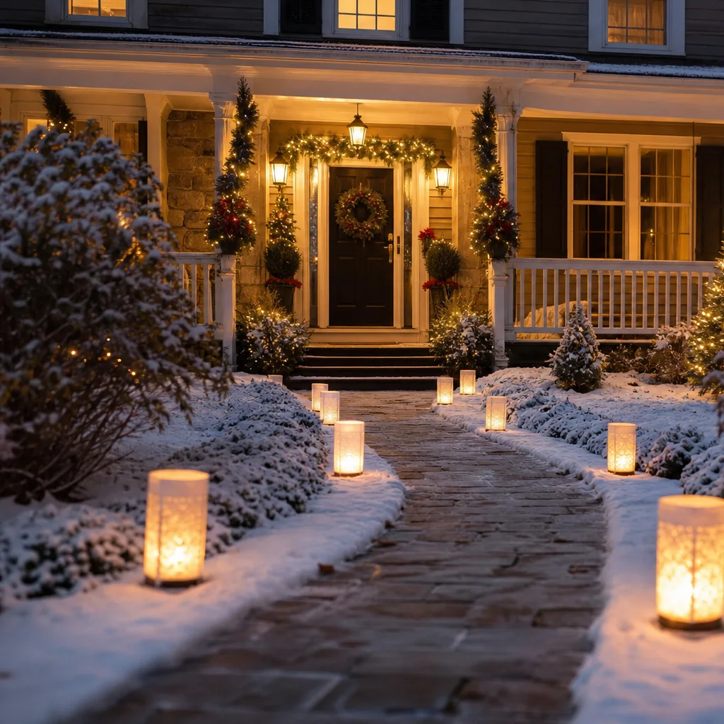 Lighted Christmas walkway leading to a decorated front porch