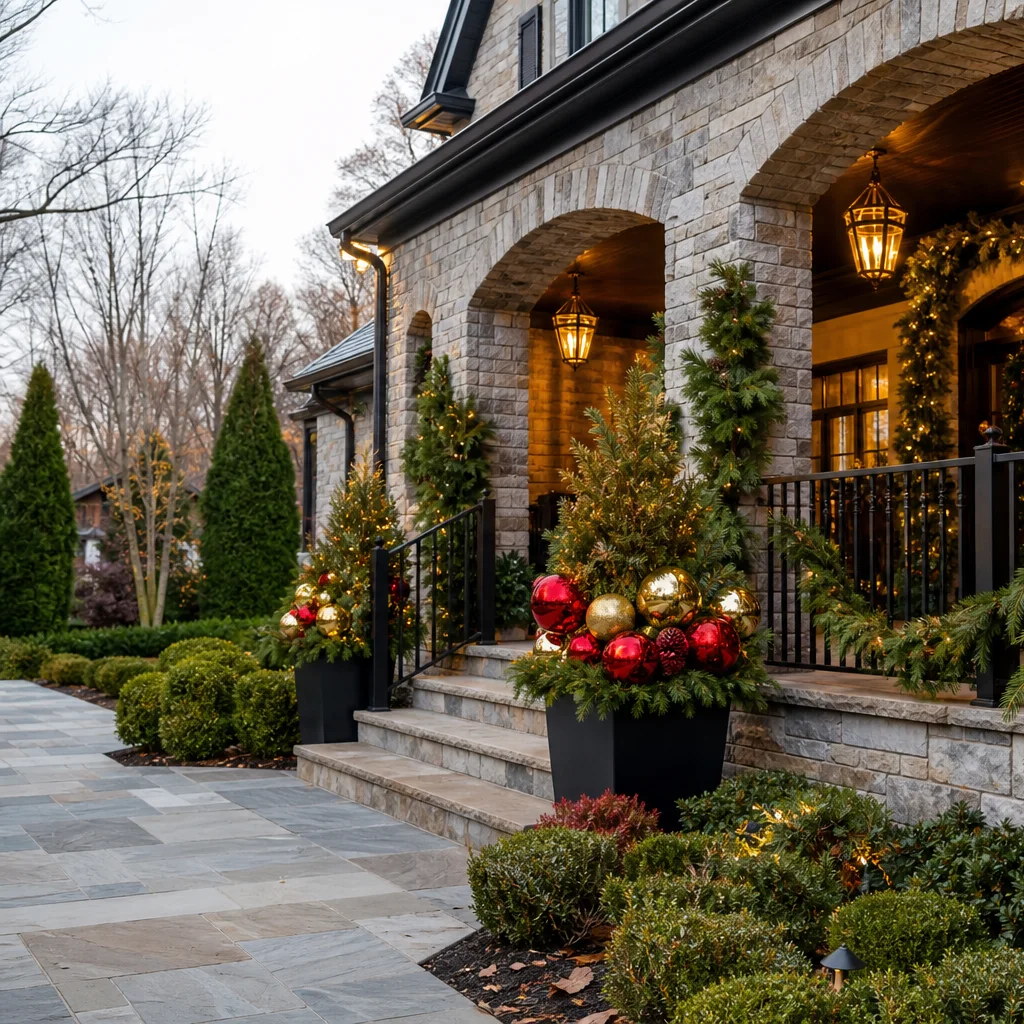 Outdoor Christmas porch decor with oversized ornaments for festive curb appeal