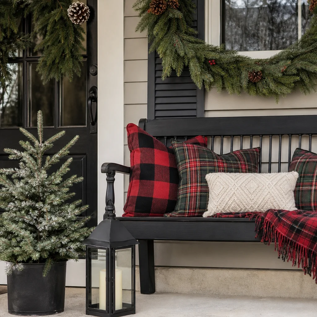 Christmas porch bench decorated with holiday pillows and cozy winter accents
