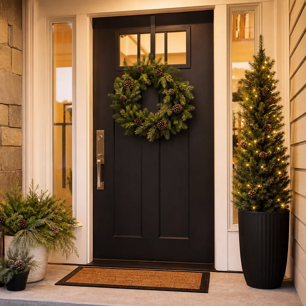 Small Christmas porch tree for compact front entry holiday decor