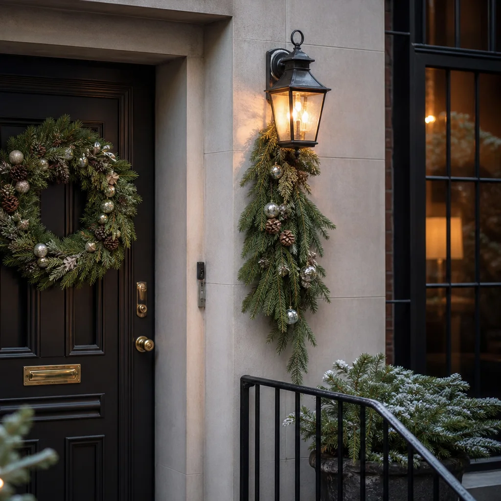 Apartment front door Christmas decor with wreath and compact holiday accents