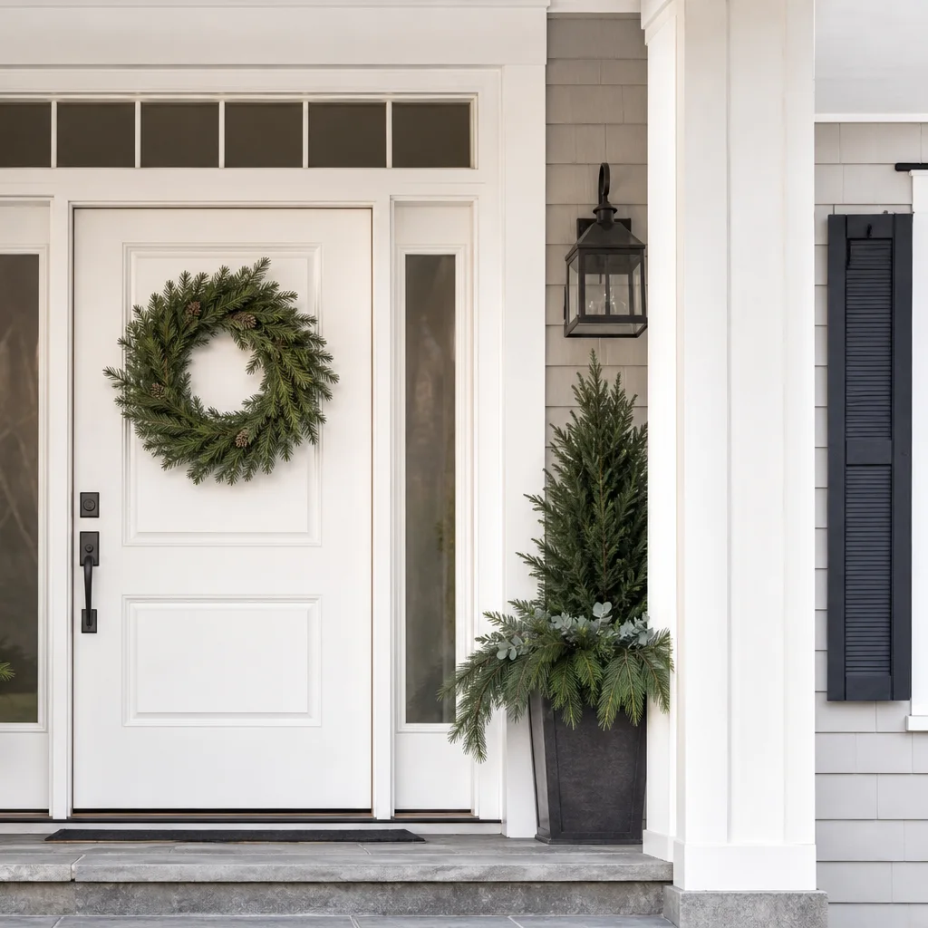 Minimal Christmas porch decor with simple greenery and clean holiday styling