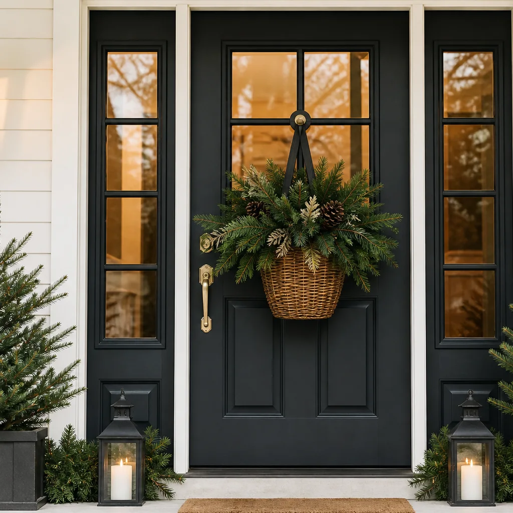 Christmas door basket with greenery as an alternative to a wreath