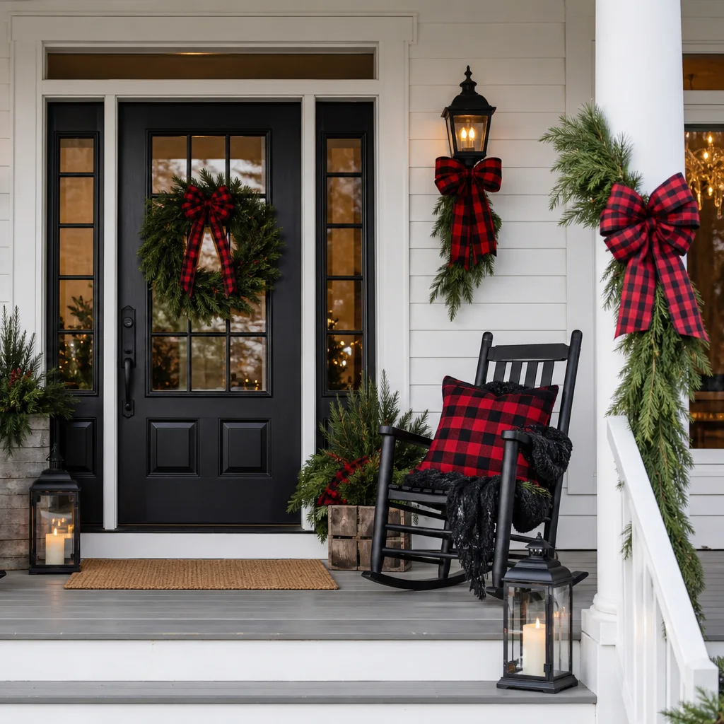 Christmas porch with plaid accents and cozy holiday styling