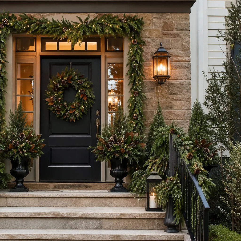 Christmas entry decorated with layered greenery and classic porch accents