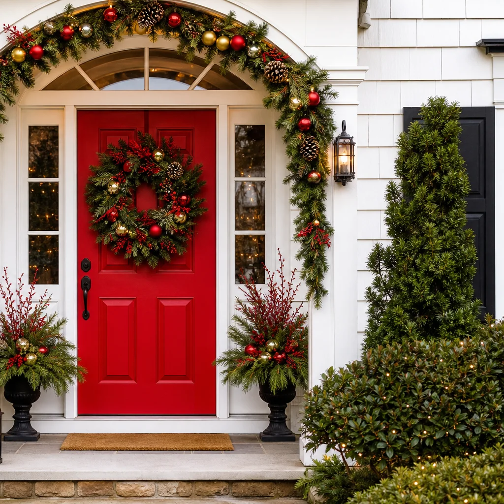 Bright cheerful Christmas entry door with festive outdoor decorations