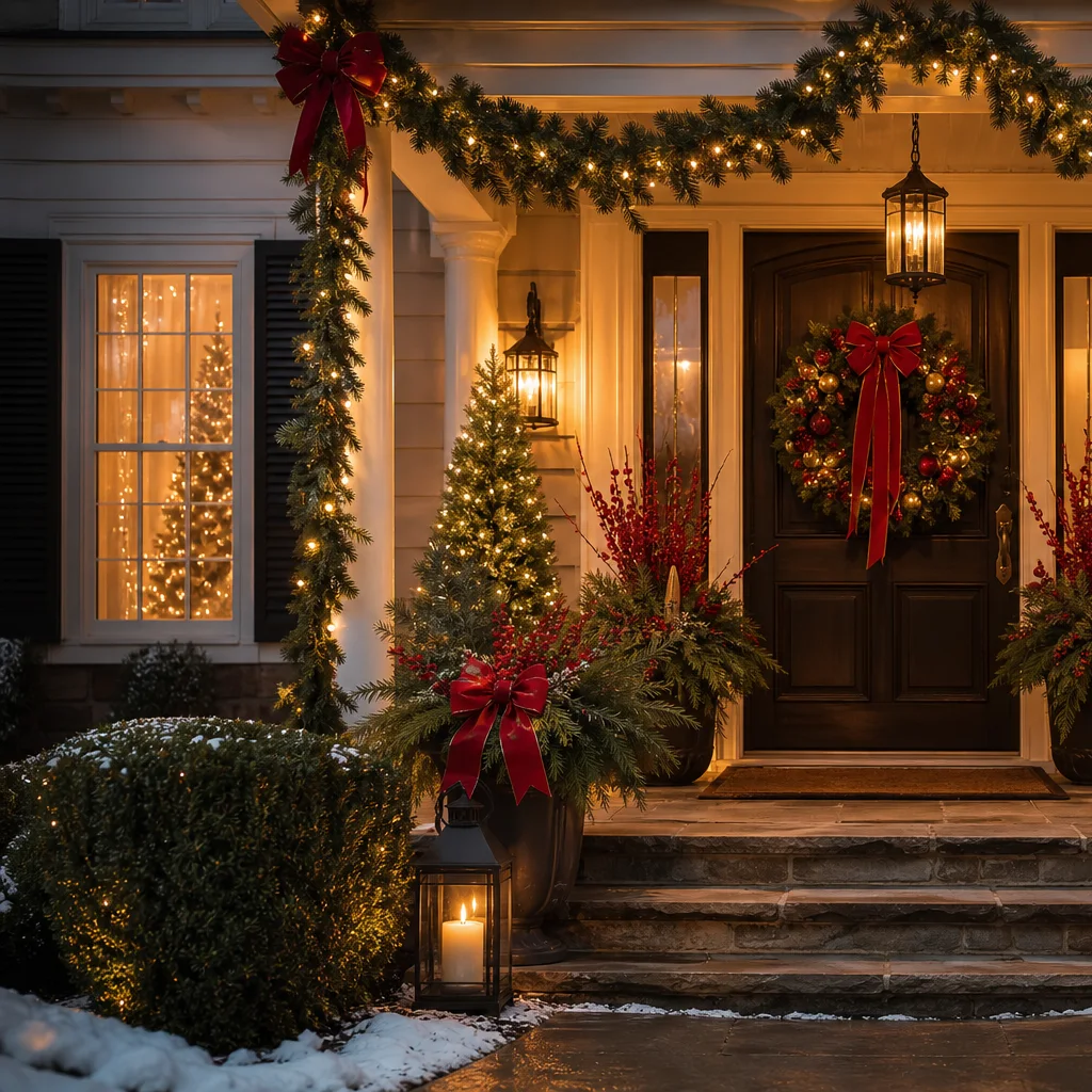 Full Christmas porch display with wreath garland lights and layered holiday decor