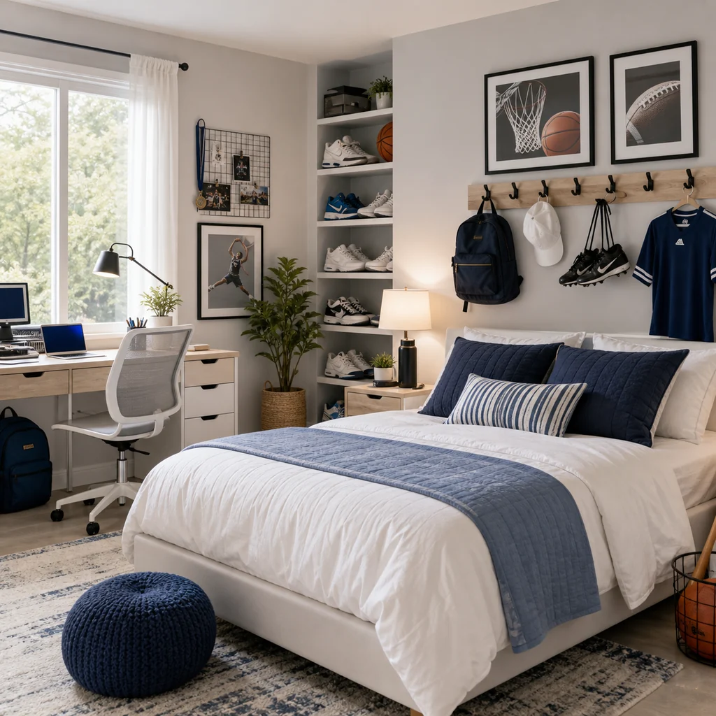 sporty teen girls bedroom with organized gear and blue accents