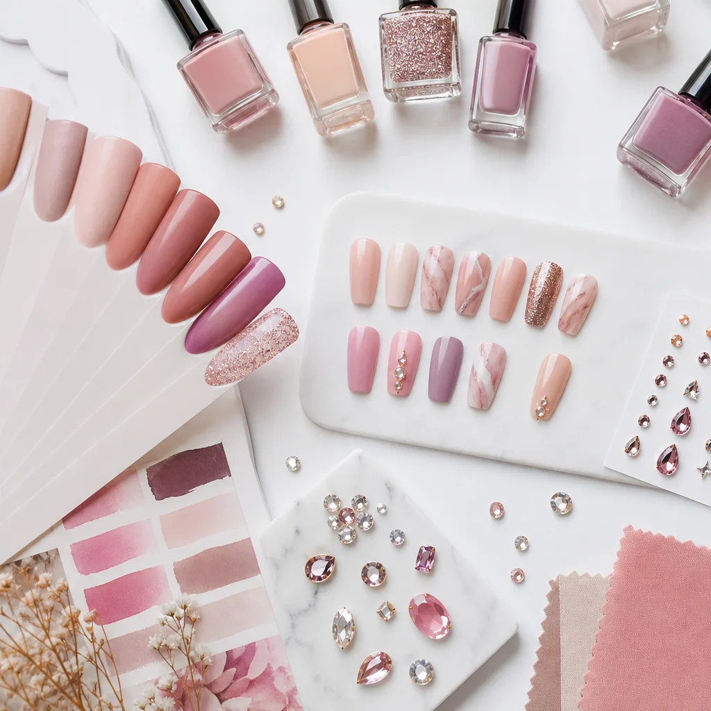 Nail art planning mood board with polish swatches chrome powders gem accents and design sketches on a desk