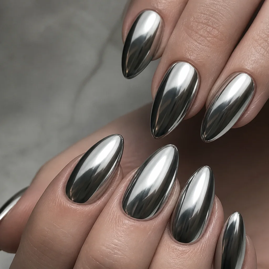 Chrome mirror nail art with high-shine reflective silver finish on almond nails
