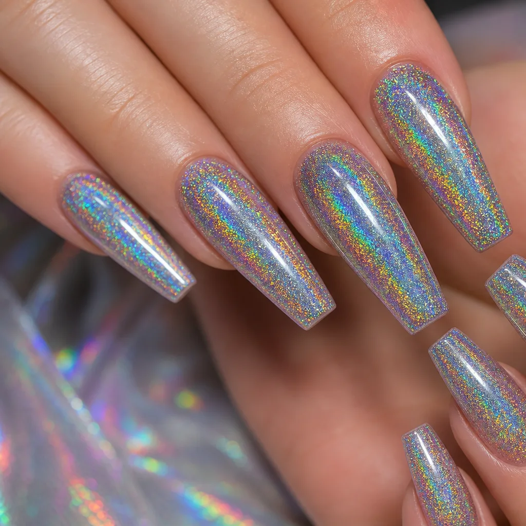 Holographic glitter nail art with rainbow light-reflecting sparkle on coffin nails