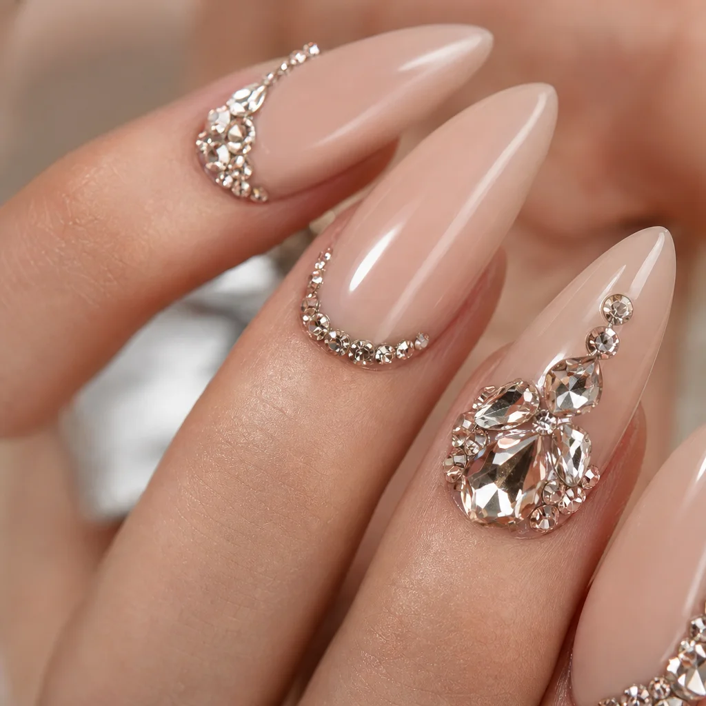 Gem and rhinestone nail art with crystal clusters on a nude statement manicure