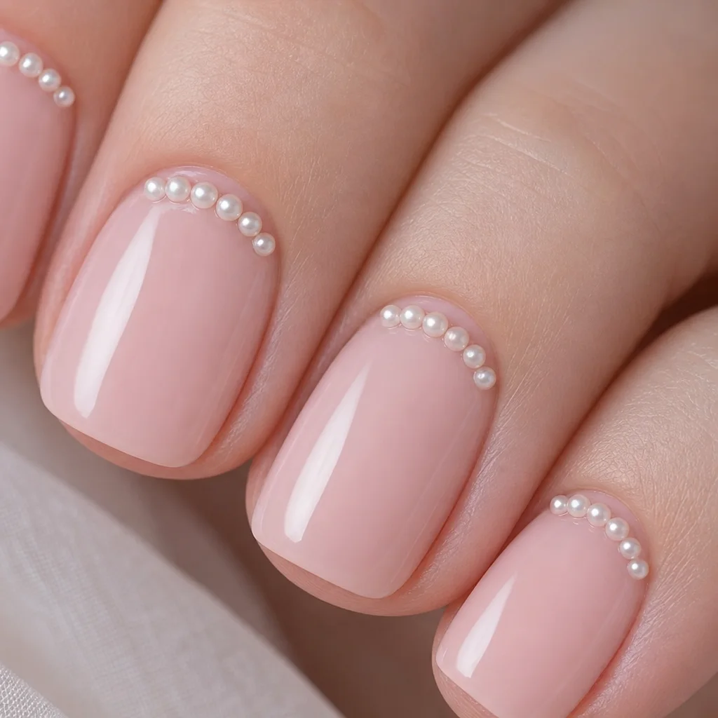 Pearl embellished nail art with tiny pearls along the cuticle on a soft blush base