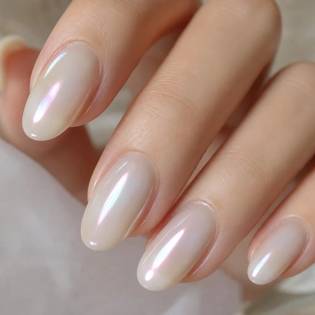Glazed donut nail art with sheer milky shine and pearlescent chrome finish