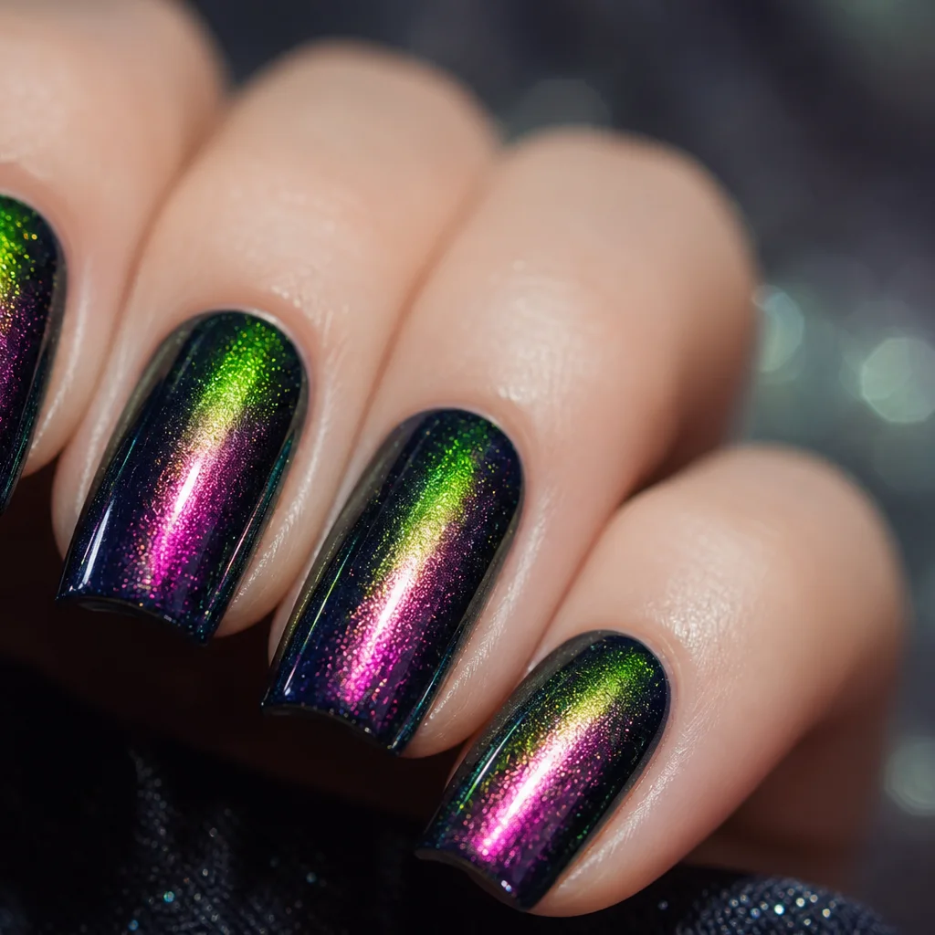 Aurora borealis chrome nail art with green and pink shift on a dark base